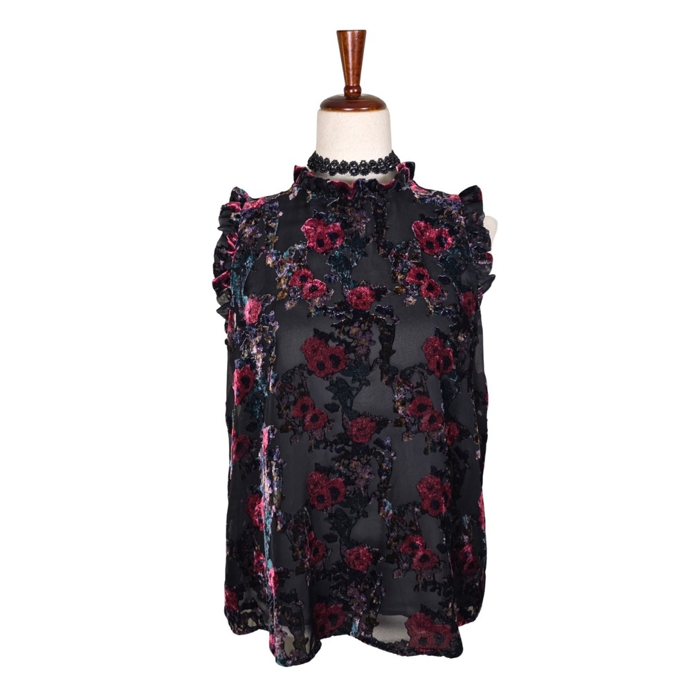 Whimsigoth Velvet Burn Out Blouse Size M Black Red Ruffle Romantic Sheer Fairy